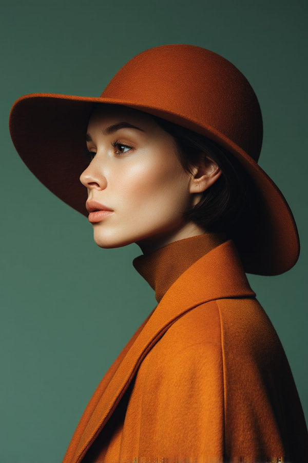 A Woman Wearing A Hat And Coat Posing For A Portrait With A Neutral Background — Stock Photo