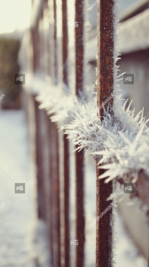 Frost Covered Metal Fence With Icicles Hanging From It Set Against A Snowy Background — Stock Photo