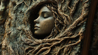 A Carved Wooden Portrait Of A Woman S Face Set In A Tree Trunk With Intricate Details And Shading That Highlights Her Features — Stock Photo