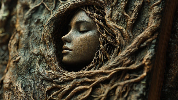 A Carved Wooden Portrait Of A Woman S Face Set In A Tree Trunk With Intricate Details And Shading That Highlights Her Features — Stock Photo