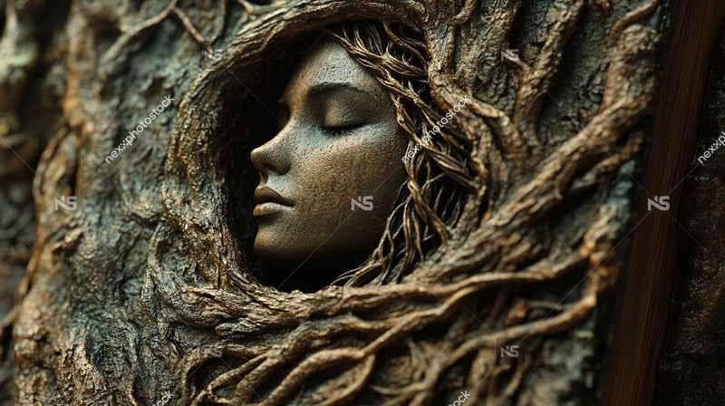 A Carved Wooden Portrait Of A Woman S Face Set In A Tree Trunk With Intricate Details And Shading That Highlights Her Features — Stock Photo