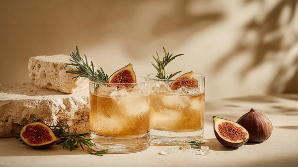Displays A Still Life Arrangement On A Table With Two Cocktails Garnished With Slices Of Grapefruit And Sprigs Of Rosemary — Stock Photo