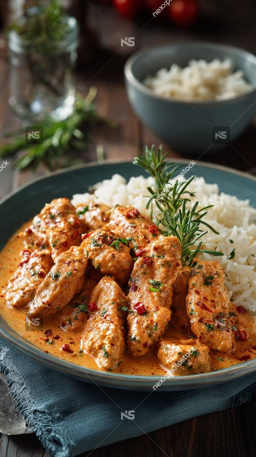 A Plate Of Creamy Chicken Curry Served Over Rice Garnished With Fresh Herbs And A Sprinkle Of Red Pepper Flakes — Stock Photo
