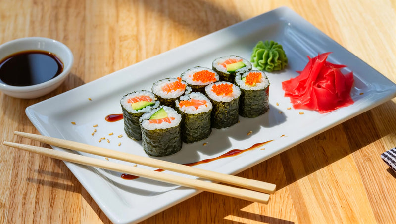 sushi platter with dipping sauce on a white plate accompanied by chopsticks and garnished with sesame seeds - Stock Video