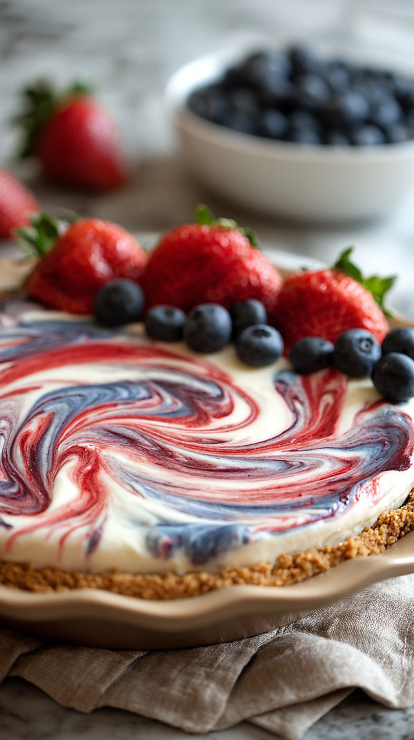 A Cheesecake With A Red White And Blue Swirl Topping Served On A Plate With Strawberries And Blueberries — Stock Photo