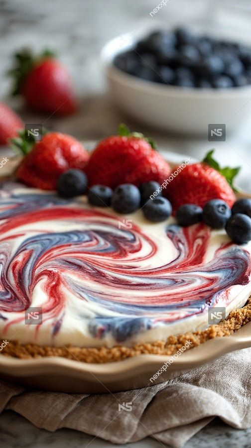 A Cheesecake With A Red White And Blue Swirl Topping Served On A Plate With Strawberries And Blueberries — Stock Photo