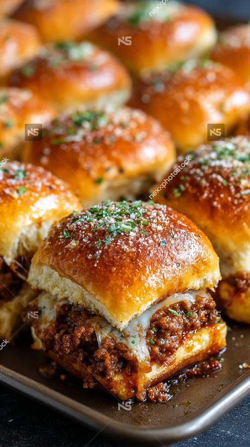 Close Up Of A Tray Filled With Mini Sandwiches Topped With Sesame Seeds And Garnished With Herbs — Stock Photo