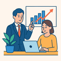 Illustration Of A Businessman And Woman At A Desk With A Laptop And A Presentation Board Graphs And Charts — Stock Vector