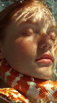 A Young Woman With Red Hair Submerged In Water Looking Up Towards The Camera With A Serpent Wrapped Around Her Neck — Stock Photo