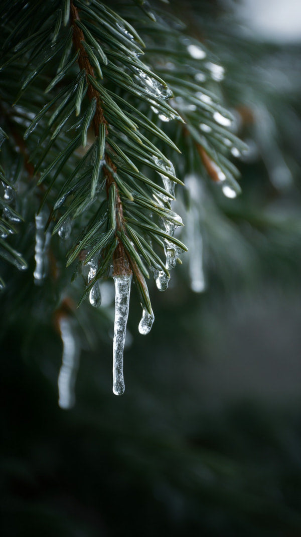 Frozen Icicles Hanging From A Pine Tree Branch Creating A Festive Winter Holiday Display — Stock Photo
