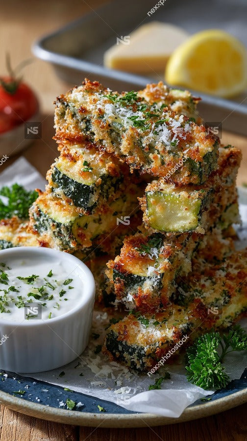 Stacked Vegetable Fritters On A Plate Garnished With Parsley And Served With Dipping Sauce — Stock Photo