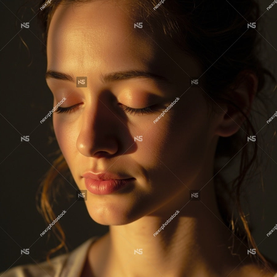 A Young Woman In A Serene Moment Captured From A Close Up Angle With Her Eyes Closed And A Soft Light Illuminating Her — Stock Photo