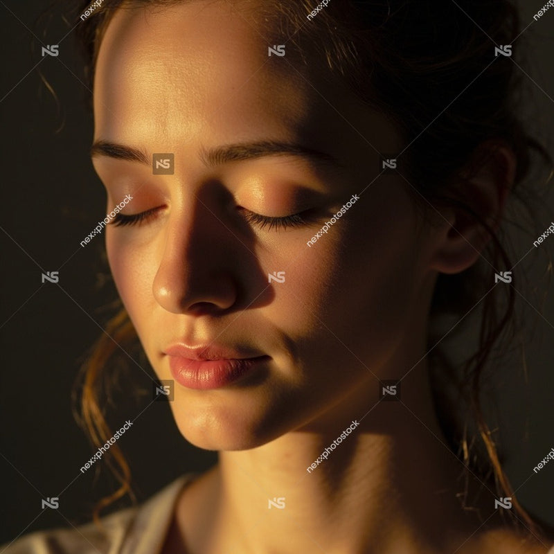 A Young Woman In A Serene Moment Captured From A Close Up Angle With Her Eyes Closed And A Soft Light Illuminating Her — Stock Photo