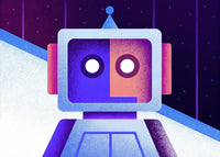 A Digital Illustration Of A Robot With Glowing Eyes Set Against A Dark Background With A Blue And Purple Color Scheme — Stock Illustration