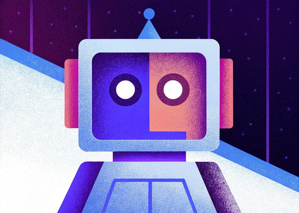 A Digital Illustration Of A Robot With Glowing Eyes Set Against A Dark Background With A Blue And Purple Color Scheme — Stock Illustration