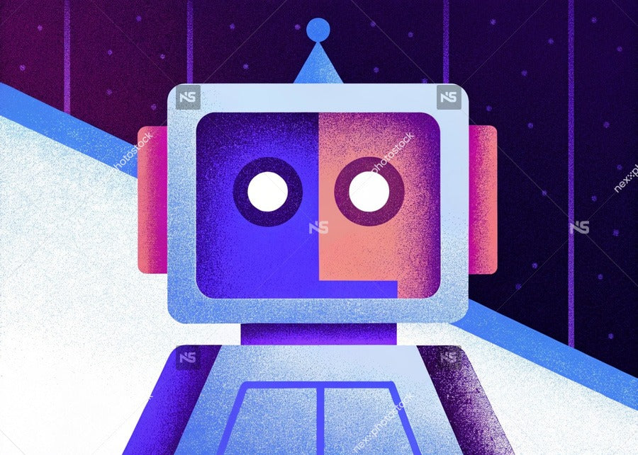 A Digital Illustration Of A Robot With Glowing Eyes Set Against A Dark Background With A Blue And Purple Color Scheme — Stock Illustration