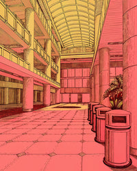 An Empty Atrium With A Red Floor A Architectural Design With High Ceilings And Large Windows — Stock Illustration