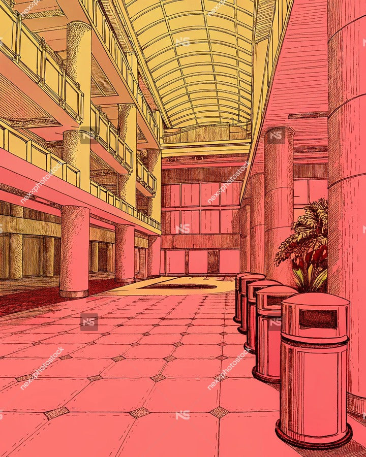 An Empty Atrium With A Red Floor A Architectural Design With High Ceilings And Large Windows — Stock Illustration
