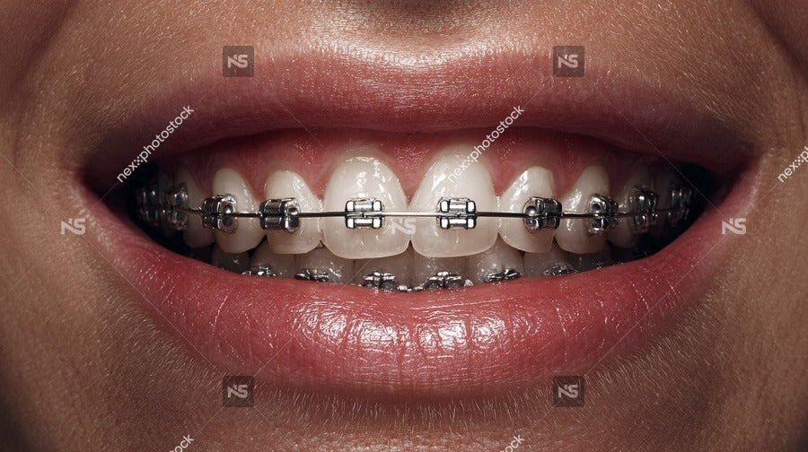A Close Up Image Of A Person S Smiling Mouth Showcasing Braces — Stock Photo