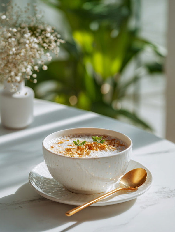 A Bowl Of Creamy Oatmeal With Toppings Placed On A Table Near A Window — Stock Photo