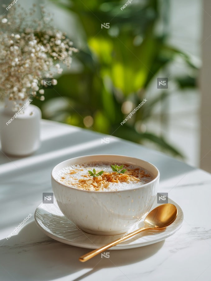 A Bowl Of Creamy Oatmeal With Toppings Placed On A Table Near A Window — Stock Photo