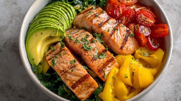 A Plate Of Grilled Salmon With Vegetables Including Tomatoes And Peppers Served With A Side Salad And Garnished With Herbs — Stock Photo