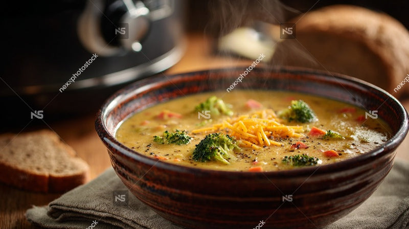 A Bowl Of Warm Broccoli Soup With Bread On The Side Placed On A Wooden Table — Stock Photo