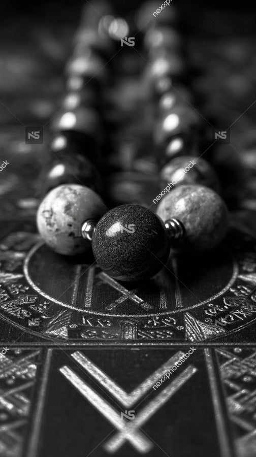 A Beaded Rosary With A Black And White Marble Bead Resting On A Chessboard — Stock Photo