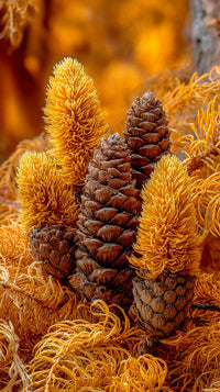 A Close Up Of A Cluster Of Orange Pine Cones With A Blurred Background Of Autumn Foliage — Stock Photo
