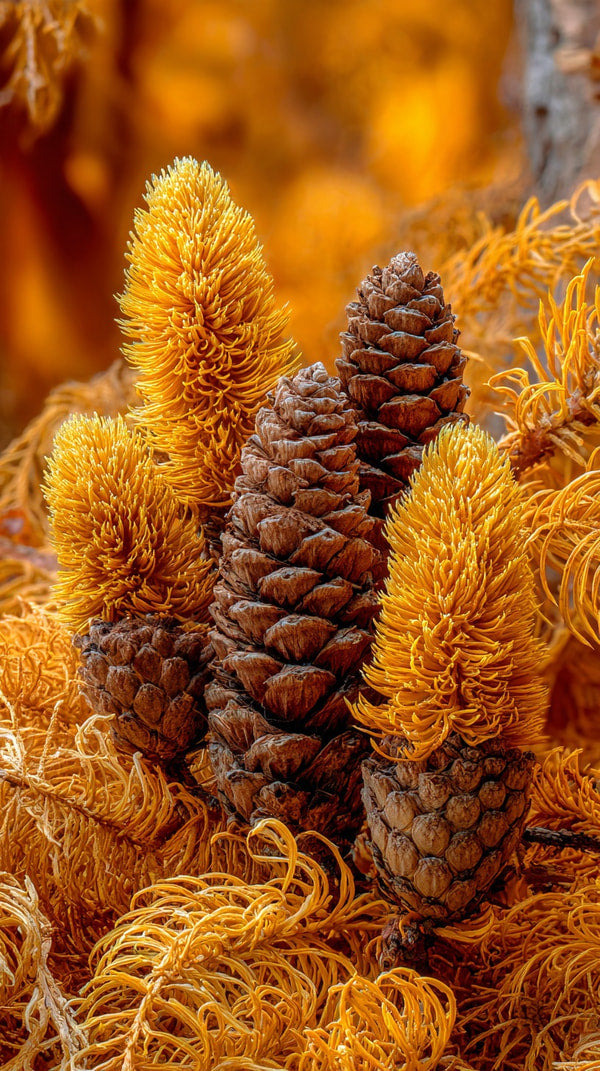A Close Up Of A Cluster Of Orange Pine Cones With A Blurred Background Of Autumn Foliage — Stock Photo