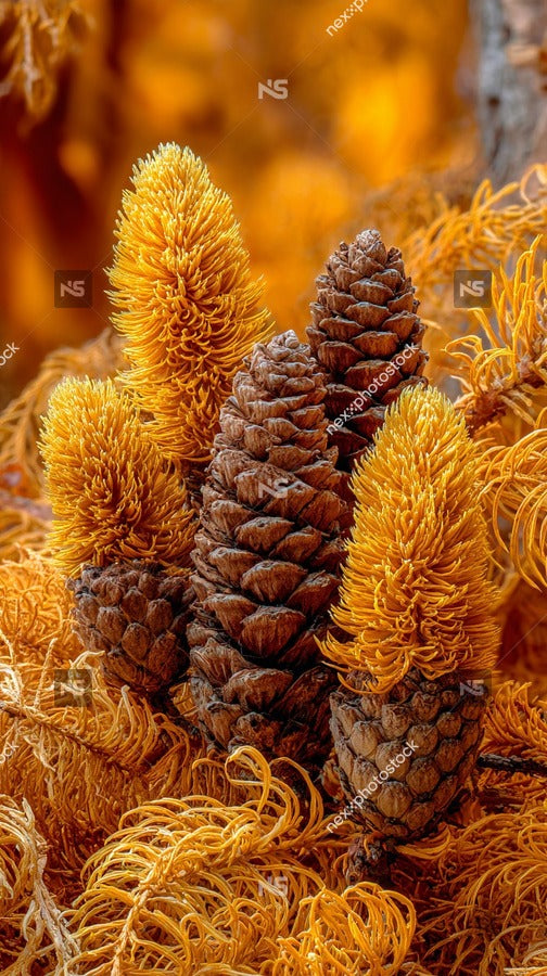 A Close Up Of A Cluster Of Orange Pine Cones With A Blurred Background Of Autumn Foliage — Stock Photo