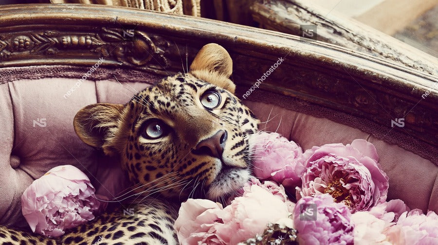 Leopard Sitting In Front Of Pink Flowers — Stock Photo