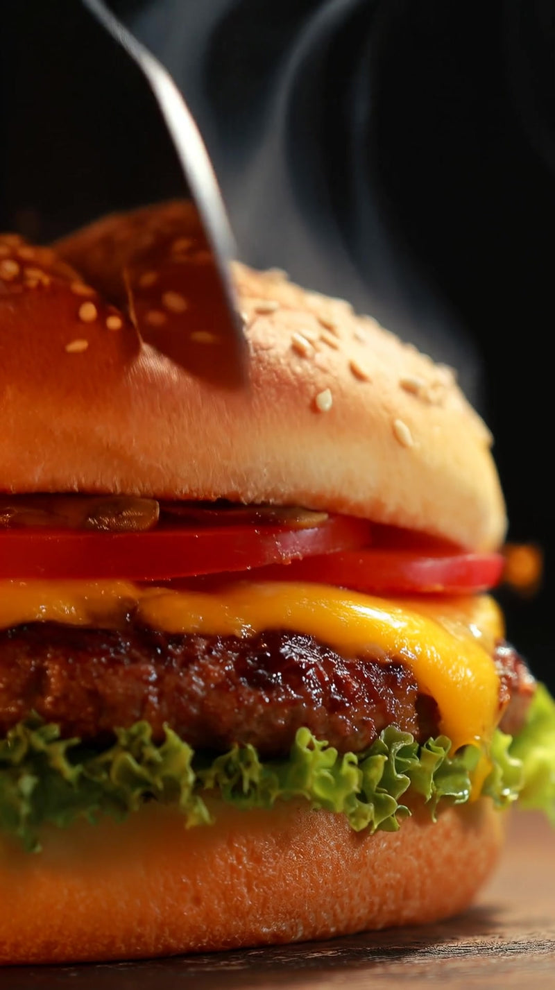 close up of a delicious cheeseburger on a bun with lettuce and tomato served on a wooden table - Stock Video