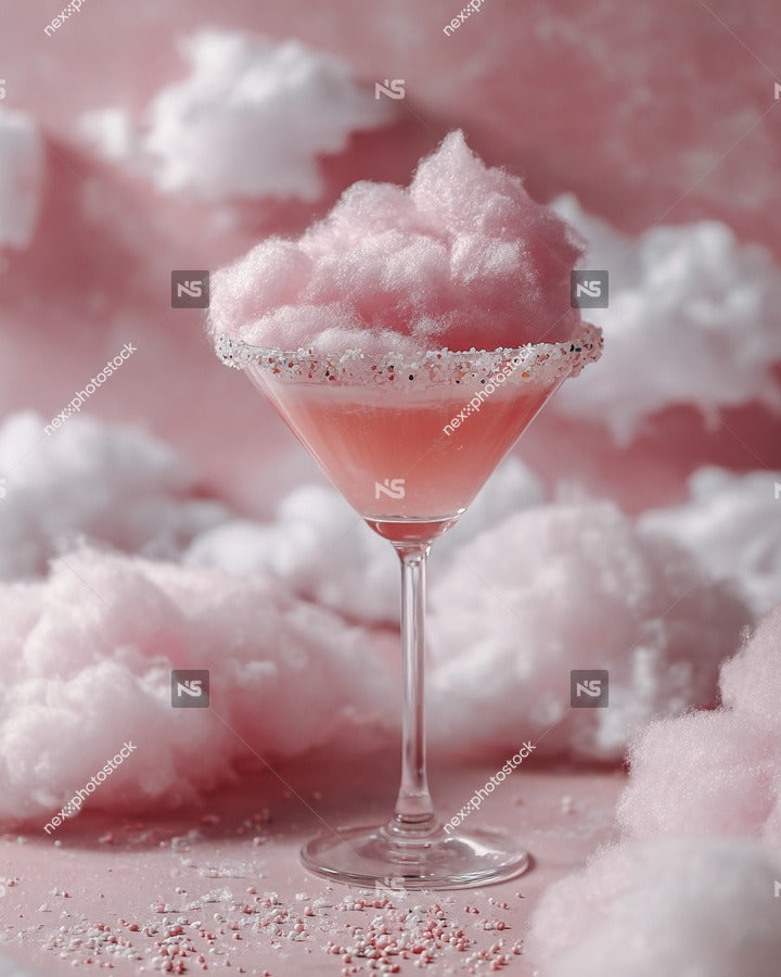 A Pink Cocktail Garnished With Cotton Candy Served In A Martini Glass Placed On A Surface Surrounded By Fluffy Pink Cotton Candy — Stock Photo