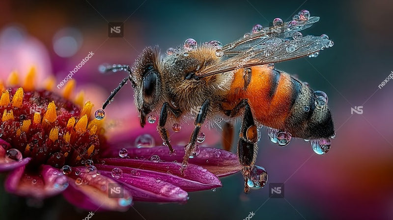 Honey Bee Perched On A Flower Surrounded By Droplets Of Water With Pink Flowers In The Background — Stock Photo