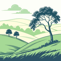 A Tranquil Countryside Landscape With A Solitary Tree And Rolling Hills Under A Clear Sky — Stock Vector