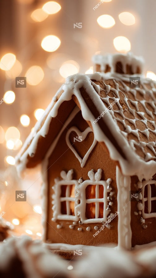 Gingerbread House Decorated With Icing And Candy Adorned With Christmas Lights Set Against A Festive Background — Stock Photo