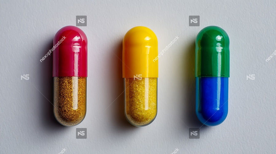 Four Pills Displayed On A White Surface With Each Pill Exhibiting A Different Color Red Green Yellow And Blue — Stock Photo