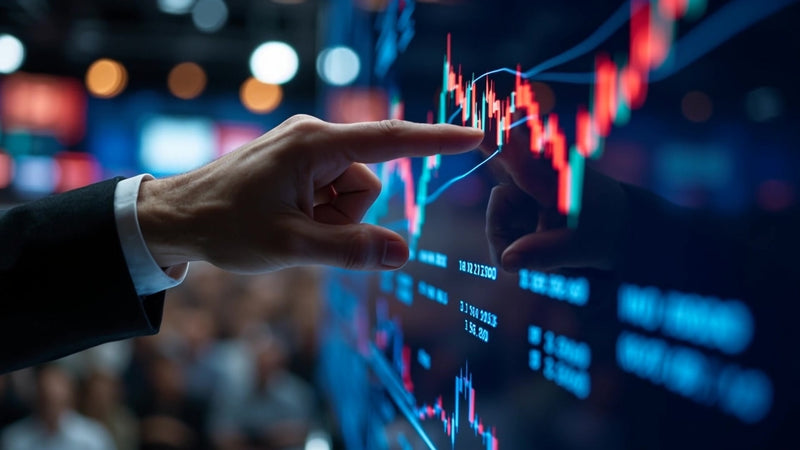 shows a person s hand pointing at a digital display with various graphs and charts suggesting an analysis presentation related to finance data - Stock Video
