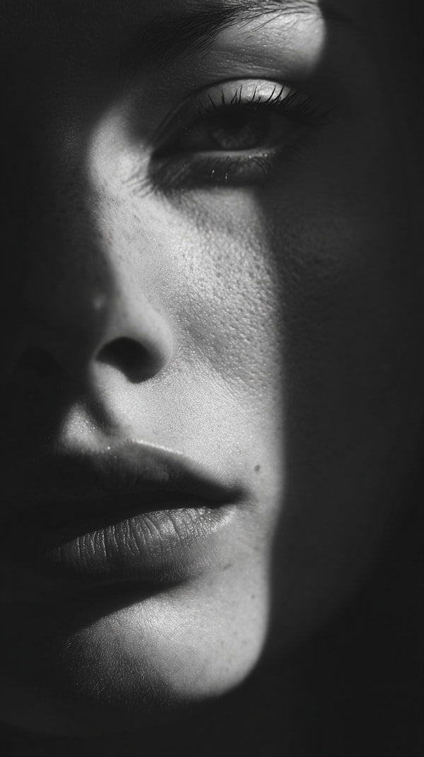 A Black And White Portrait Of A Woman With Her Face Partially Obscured By Shadow Showcasing Her Profile From The Side — Stock Photo