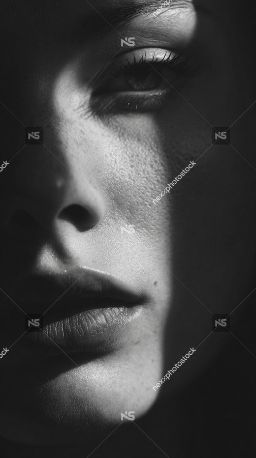 A Black And White Portrait Of A Woman With Her Face Partially Obscured By Shadow Showcasing Her Profile From The Side — Stock Photo