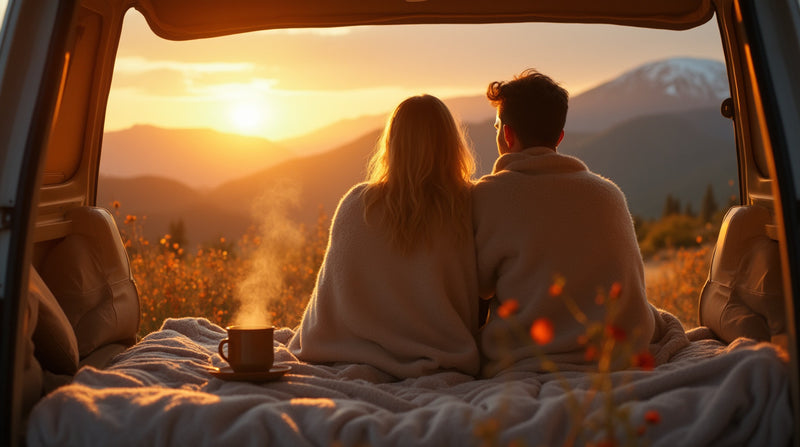 Couple Watching Sunset from Camper Van — Cozy Outdoor Adventure