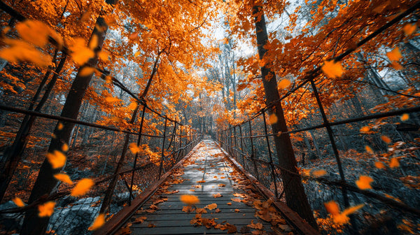 Autumn Bridge Walkway With Orange Leaves Falling Creating A Picturesque Scene Of Fall Foliage In A Forest Setting — Stock Photo
