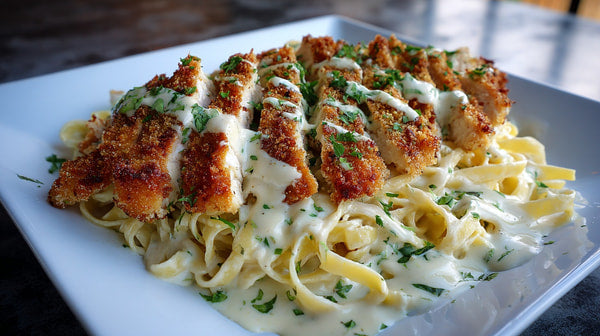 A Plate Of Chicken Parmesan Covered In Alfredo Sauce Garnished With Herbs And Served On A White Dish — Stock Photo