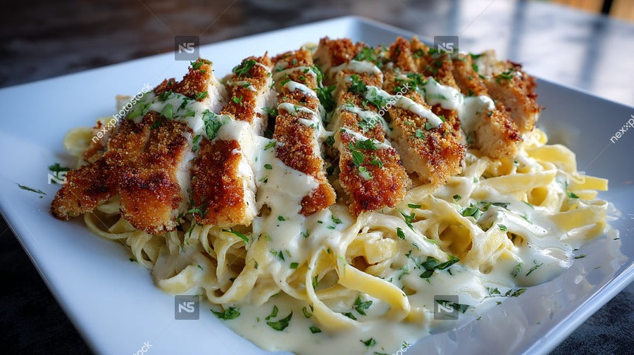 A Plate Of Chicken Parmesan Covered In Alfredo Sauce Garnished With Herbs And Served On A White Dish — Stock Photo