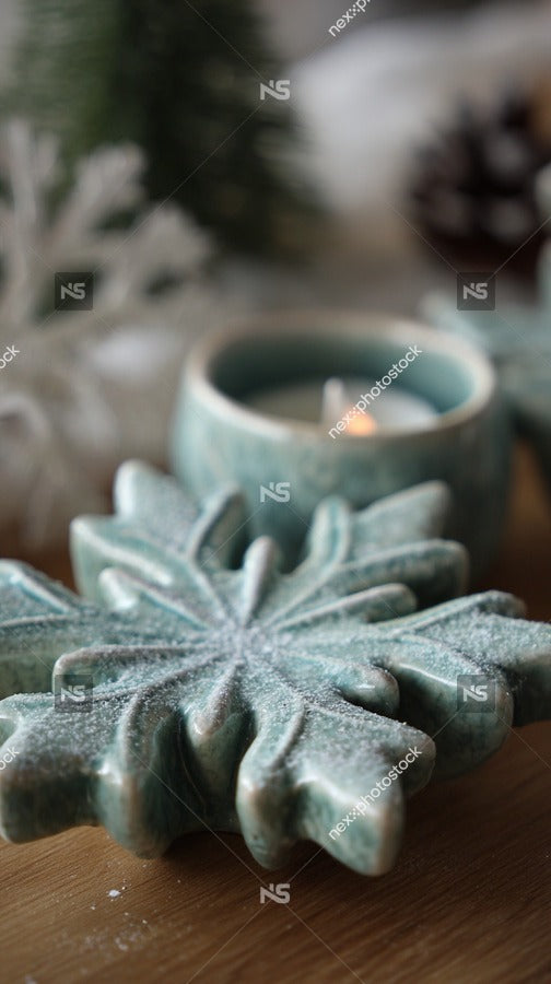 Winter Holiday Decorations Including A Candle And A Snowflake Shaped Ornament Are Displayed On A Table — Stock Photo