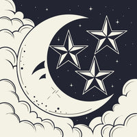 Stylized Illustration Of A Crescent Moon With Three Stars Set Against A Backdrop Of Clouds And A Dark Sky — Stock Vector