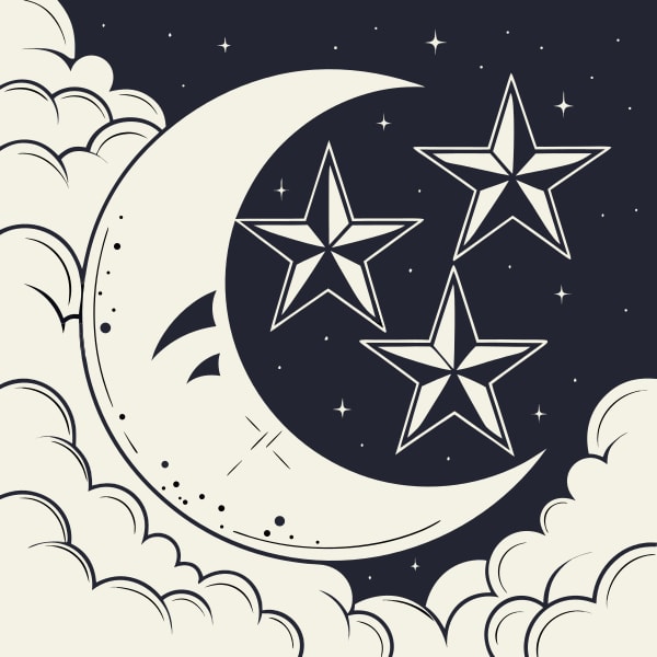 Stylized Illustration Of A Crescent Moon With Three Stars Set Against A Backdrop Of Clouds And A Dark Sky — Stock Vector