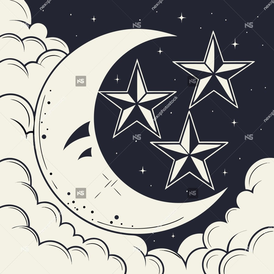 Stylized Illustration Of A Crescent Moon With Three Stars Set Against A Backdrop Of Clouds And A Dark Sky — Stock Vector
