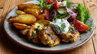 A Plate Of Chicken Potatoes And Salad With Tzatziki Sauce On A Wooden Table — Stock Photo